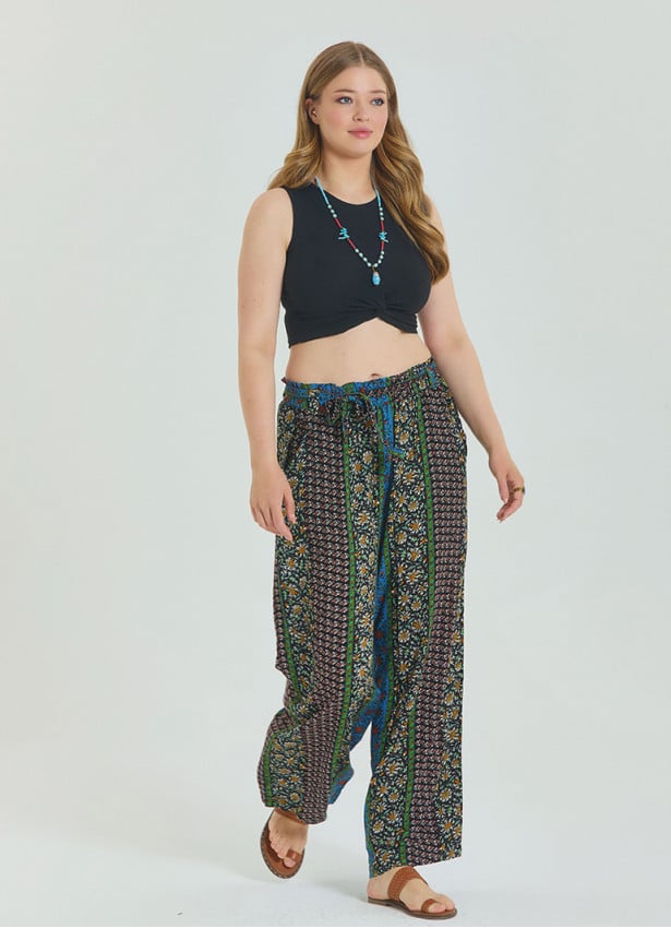 Navy Blue Women's Plus Size Trousers with Elastic Waist Belt Detail 4619